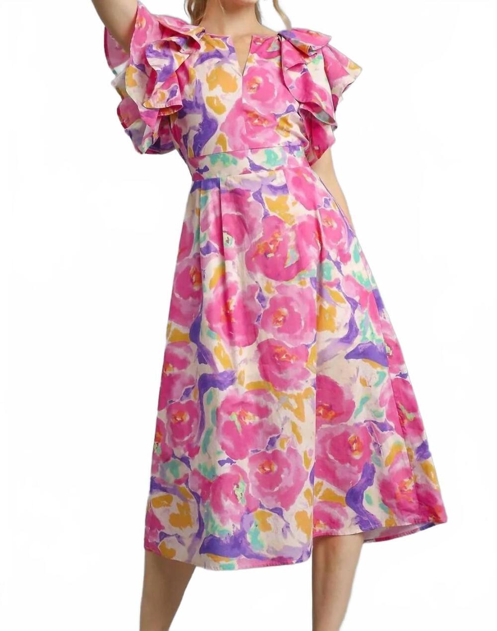 NEW UMGEE petals floral ruffled cap sleeve midi dress in hot pink